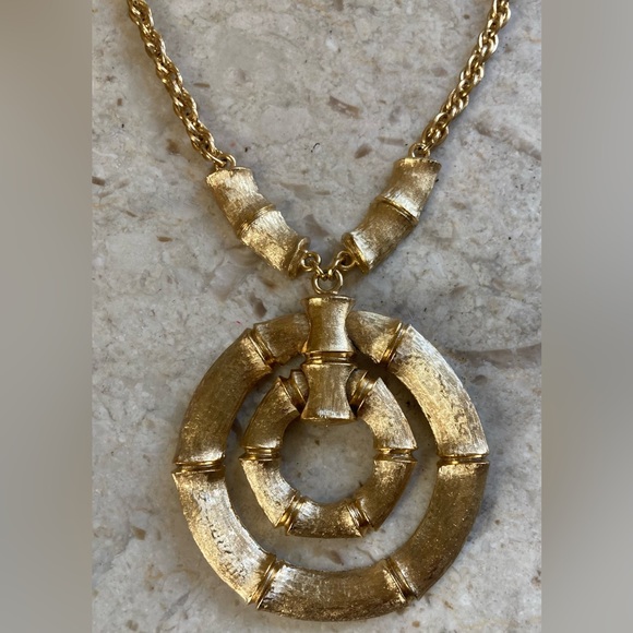 Napier Jewelry - NAPIER 1970s Gold Tone Double Pendant Bamboo Motif by Francis Fujio